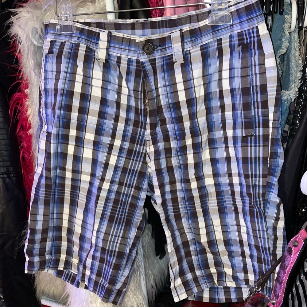 Original Penguin Blue and Brown Plaid Cargo Shorts
